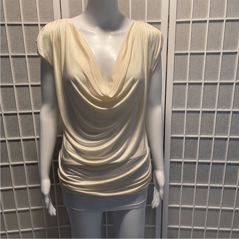 MODA International cowl neck ruched silky stretch cap sleeve top, Size M, Cream